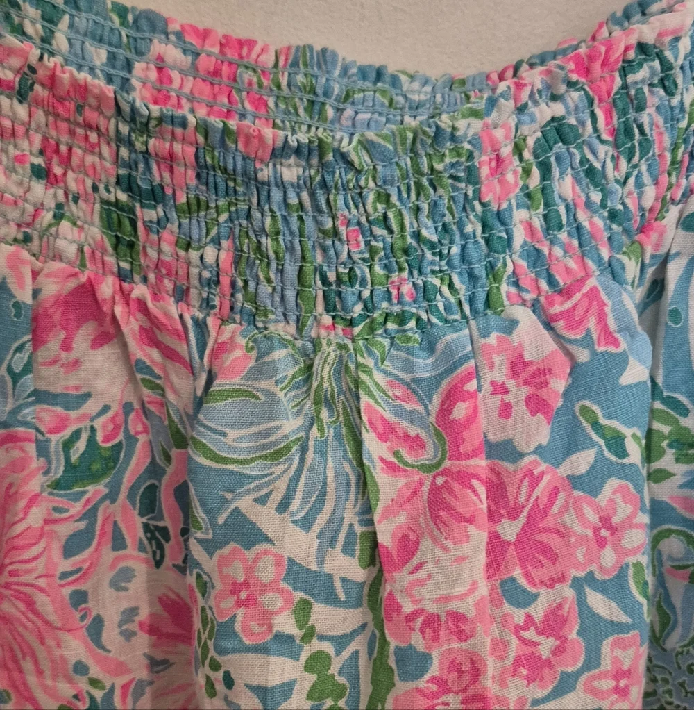 Lilly Pulitzer Keating Linen Pink & Aqua  Puff-Sleeve Square Neck Top SZ.1O - Picture 5 of 10